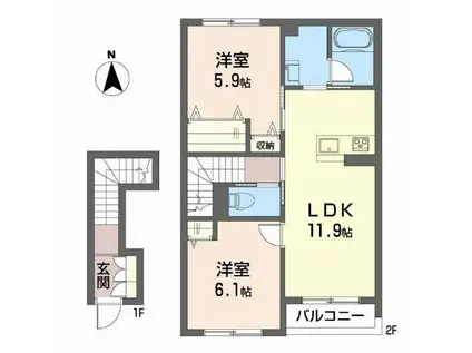 シャーメゾン駒止町III(2LDK/2階)の間取り写真