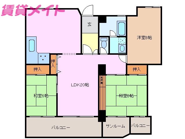 ロイヤル東海川原町(3LDK/8階)の間取り写真