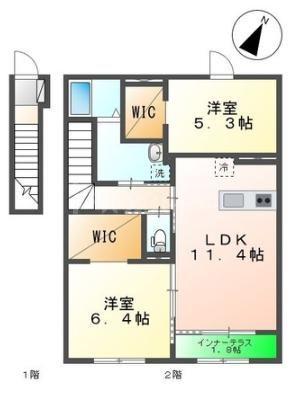 シェルルおおたかの森(2LDK/2階)の間取り写真