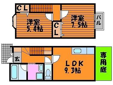 かやハウス3-01(2DK/2階)の間取り写真