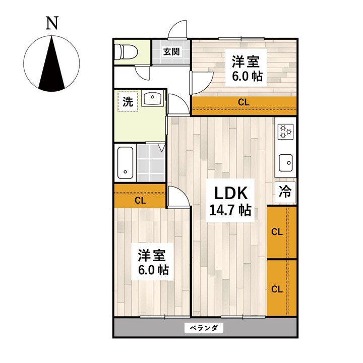 リビング14帖超えのリノベ済2LDK(2LDK/1階)の間取り写真