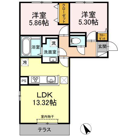 ボナール黒石(2LDK/1階)の間取り写真