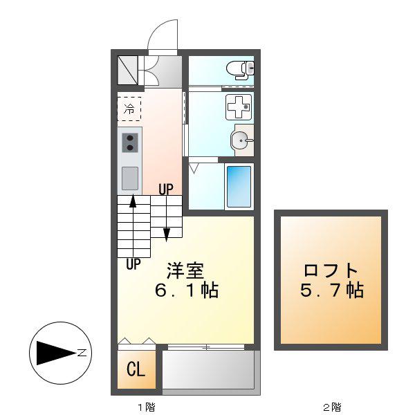 ハーモニーテラス八剱町(1SK/2階)の間取り写真