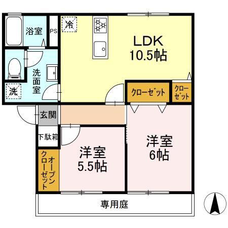 ミル・フルールC棟(3DK/1階)の間取り写真