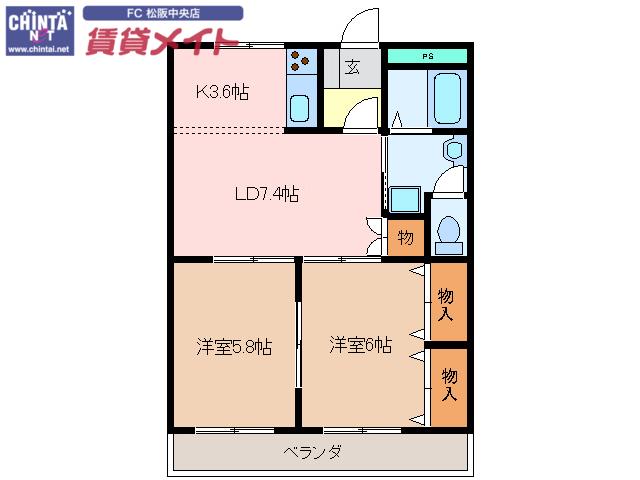 グランディス中央(2LDK/3階)の間取り写真