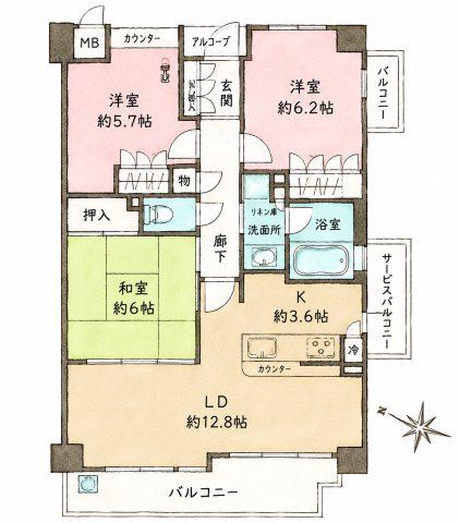 アルス芦屋川(3LDK/4階)の間取り写真
