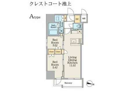 クレストコート池上(2LDK/12階)の間取り写真