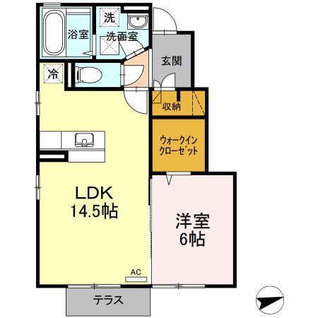 フェリス河内B棟(1LDK/1階)の間取り写真
