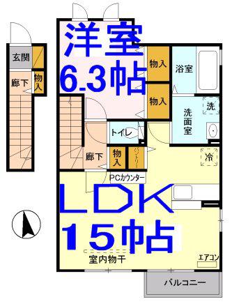 ソレアードA(1LDK/2階)の間取り写真