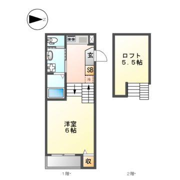 ハーモニーテラス長筬町II(1K/2階)の間取り写真