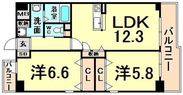 フェリーチェ塚口(2LDK/5階)の間取り写真