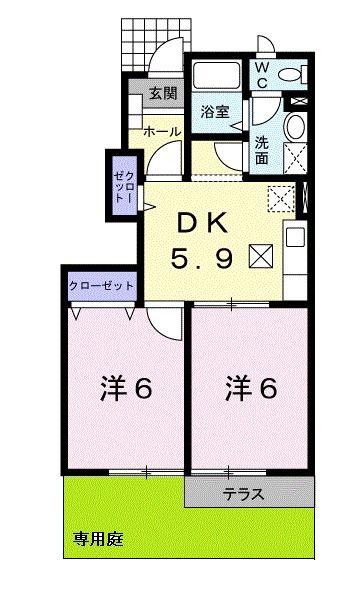 グランシャリオB(2DK/1階)の間取り写真