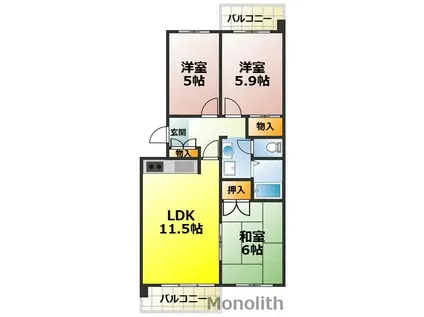泉北鴨谷台3丁6号棟(3LDK/6階)の間取り写真