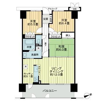 サーパス武町(3LDK/6階)の間取り写真