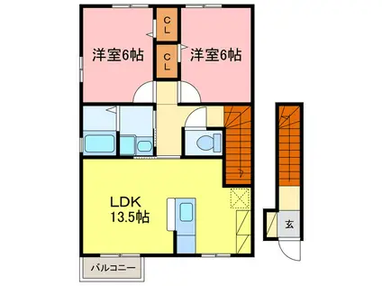 ディアコート弐番館A・B・C(2LDK/2階)の間取り写真