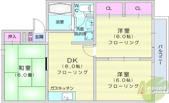 アメニティゾーン河原町1(3DK/2階)の間取り写真