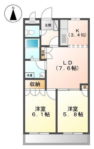 パラシオン旭B(2LDK/2階)の間取り写真