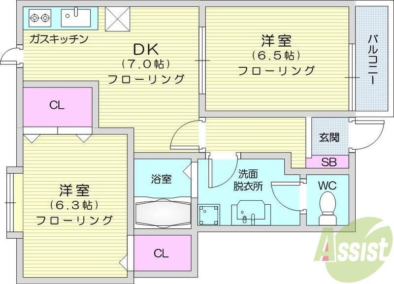 ピュアグレイスフル(2DK/1階)の間取り写真