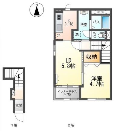 仲間町アパートA棟(1LDK/2階)の間取り写真