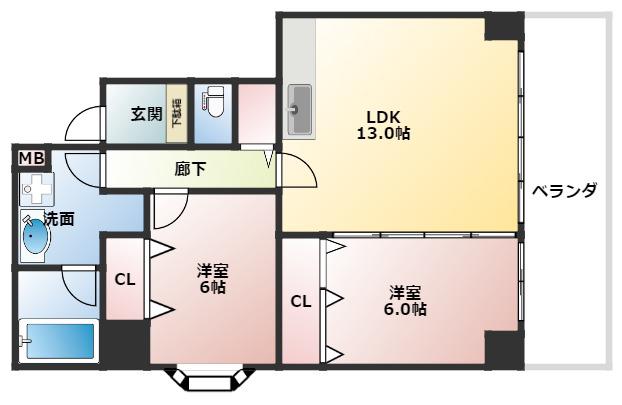 ウィステリア谷町(2LDK/3階)の間取り写真