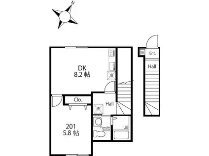 ハーミットクラブハウスキアーヴェIIIB棟(1DK/2階)の間取り写真