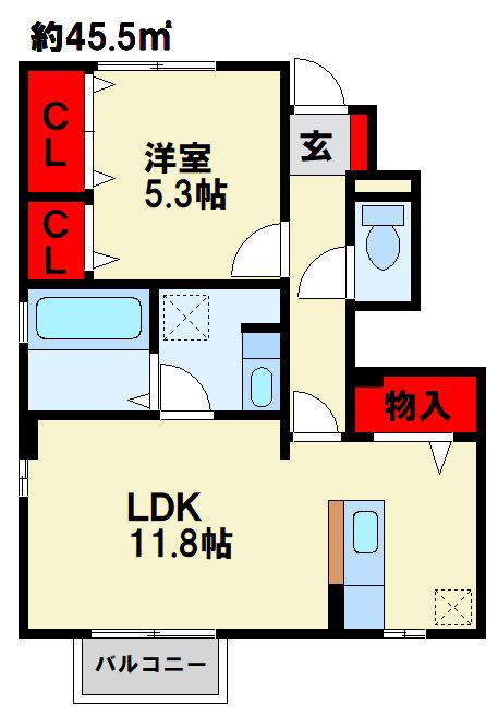 エスポワール 下城野II(1LDK/1階)の間取り写真