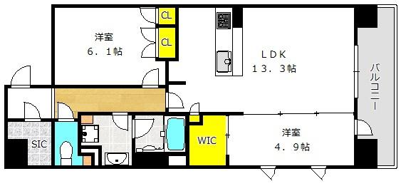 ウェリス西天満(2LDK/12階)の間取り写真