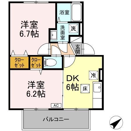 ウィルモアアサイ(2DK/1階)の間取り写真