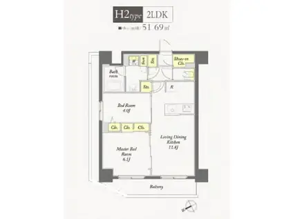 ディームス根津(2LDK/4階)の間取り写真