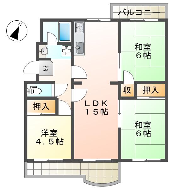 名谷25団地102号棟(3LDK/4階)の間取り写真