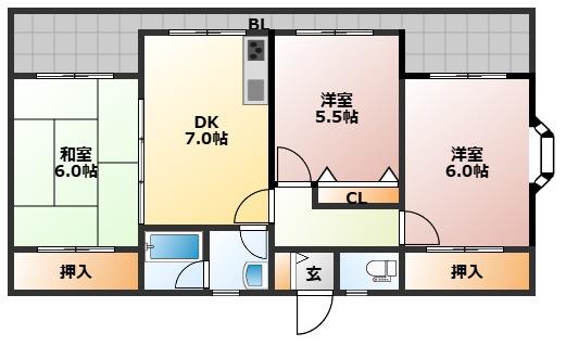 MフラットII(3DK/1階)の間取り写真