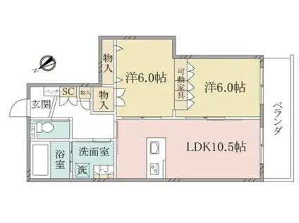 ヘーベルヴィレッジ下赤塚カメリア赤塚(2LDK/3階)の間取り写真