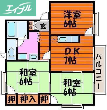 アーモアウメントB棟(3DK/1階)の間取り写真