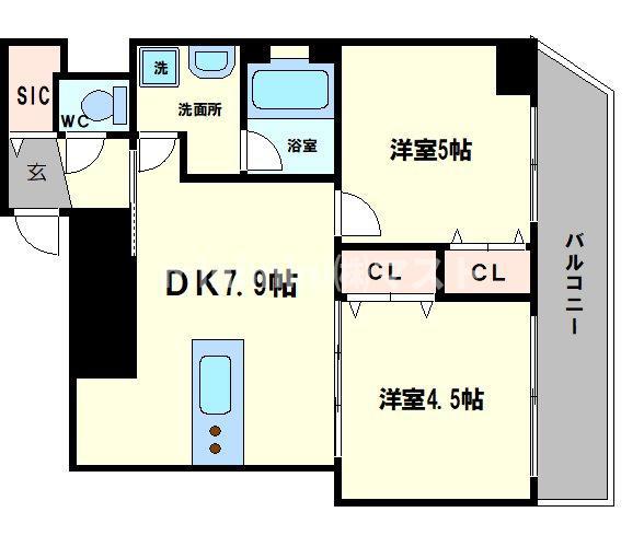 ブラン弁天町駅前(2DK/10階)の間取り写真