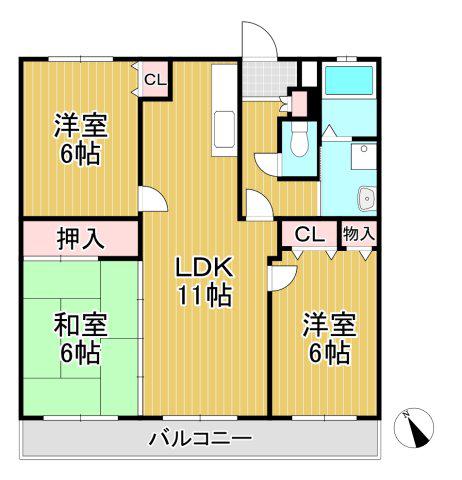 タモンズハートビレッジB(3LDK/1階)の間取り写真