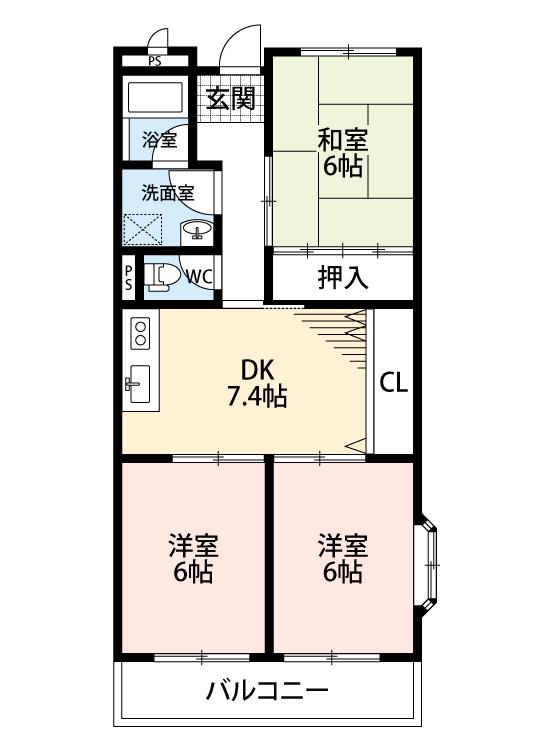 WING 2号館(3DK/2階)の間取り写真