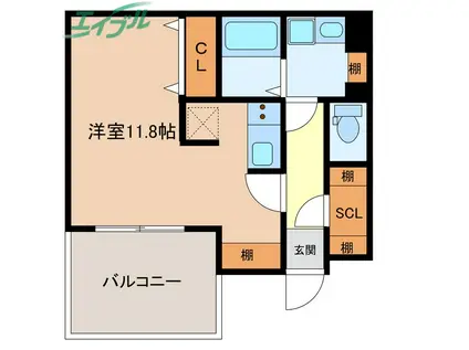 CASAα 外宮(ワンルーム/1階)の間取り写真