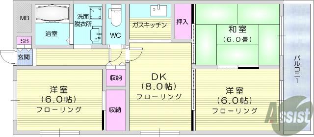JR東北本線 東仙台駅 徒歩12分 6階建 築33年(3DK/1階)の間取り写真