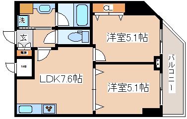 ロイヤルヒル神戸三ノ宮II(2LDK/9階)の間取り写真