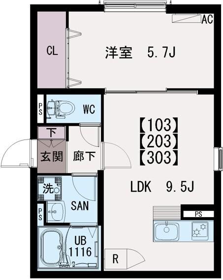 IRIS COURT TX六町(1LDK/1階)の間取り写真