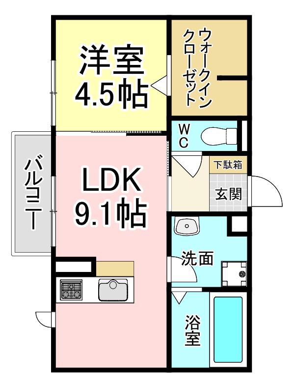 D-ROOM本城 B棟(1LDK/1階)の間取り写真