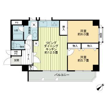 ライオンズマンション上町第2(2LDK/5階)の間取り写真
