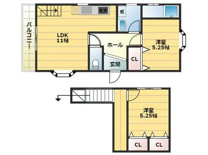 ドミシル乾(2LDK/2階)の間取り写真