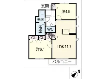 ヴィラ富木島IIB棟(2LDK/1階)の間取り写真