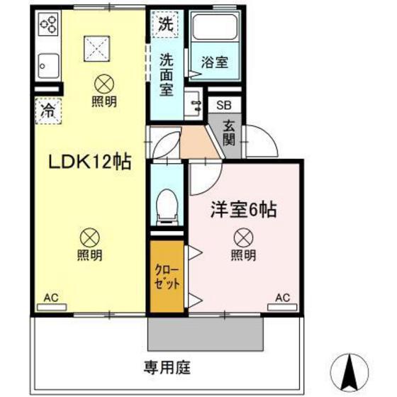 イーストヴィレッジB棟(1LDK/1階)の間取り写真