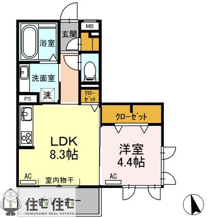 クリア トゥレス B棟(1LDK/2階)の間取り写真