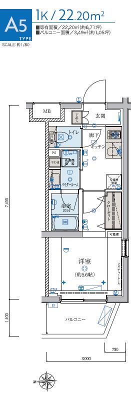 リヴシティ妙蓮寺(1K/1階)の間取り写真