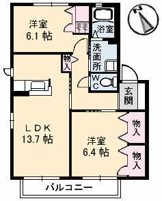 ハイツMINORU B棟(2LDK/2階)の間取り写真
