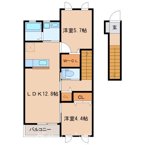 サニーハイツ朝日D棟(2LDK/2階)の間取り写真