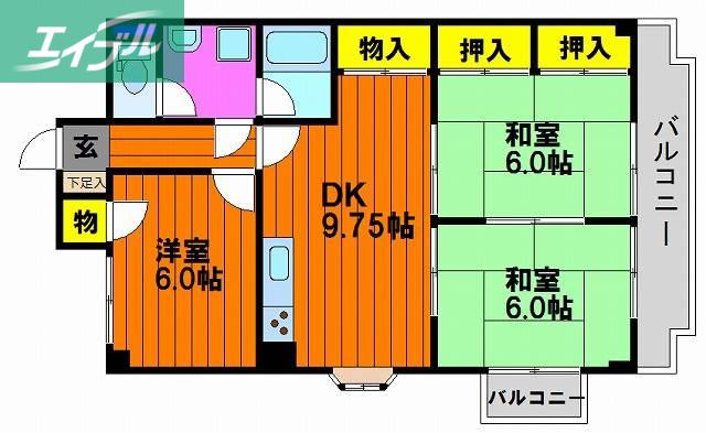 ハイデンスホンダ(3DK/5階)の間取り写真